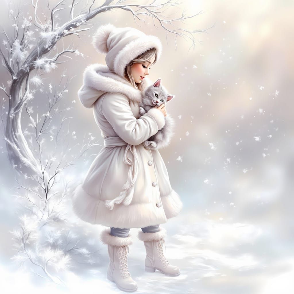 Winter Wonderland Scene with Fluffy Coat and Kitten