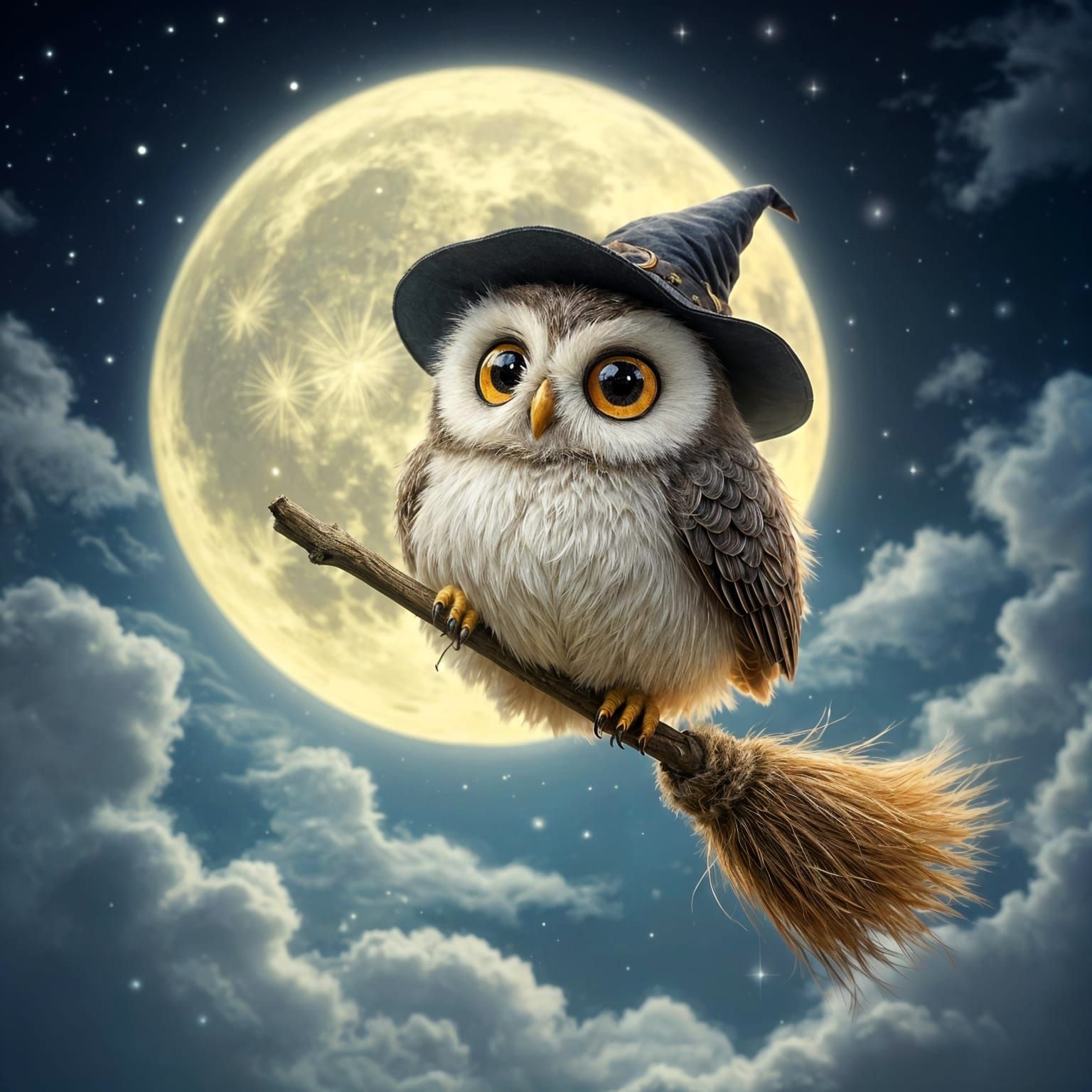 Fluffy Owl Witch Flying on Broom in Moonlight