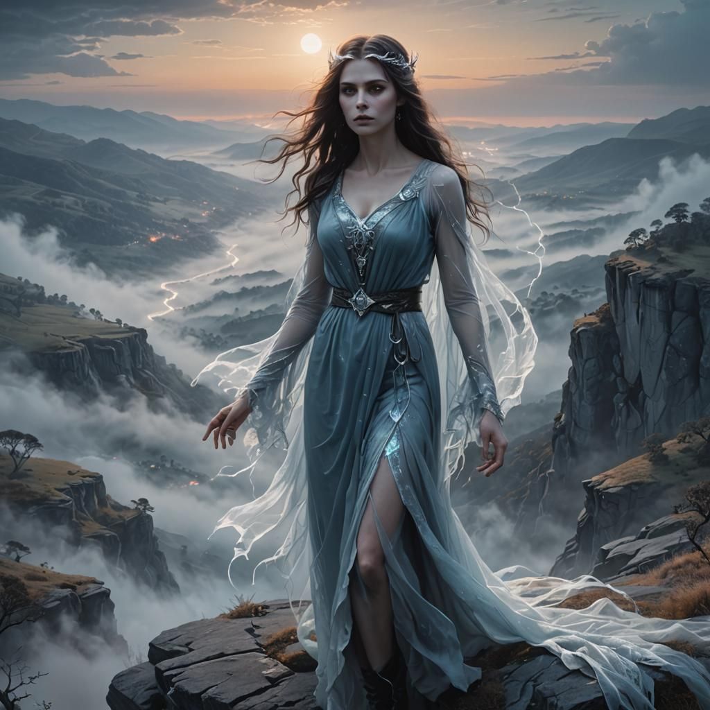 Psychic Vampire Overlooking Foggy Valley in Dark Fantasy Sty...