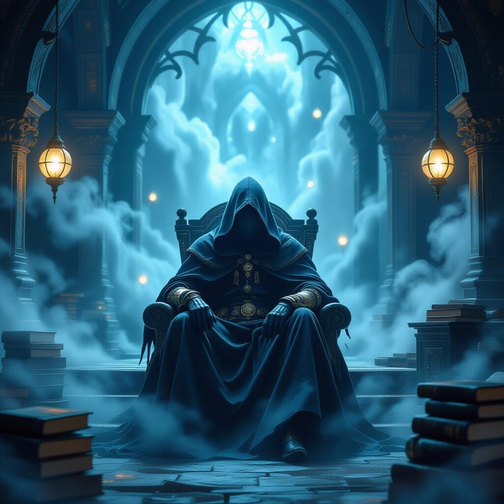 Ethereal Lair: Mysterious Figure Plots in Dreamlike Style