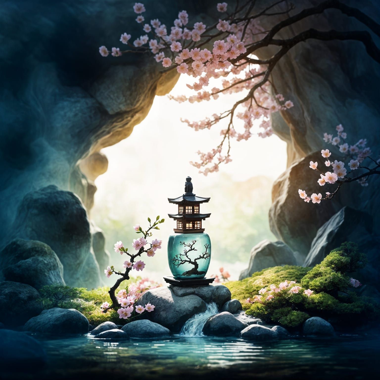 Japanese Garden Bonsai in Ukiyo-e Style