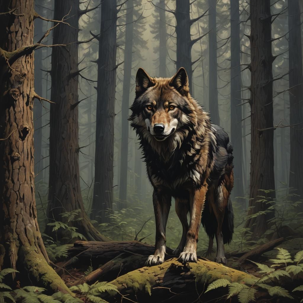 Sinister Brown Wolf in Dark Forest, Fantasy Art