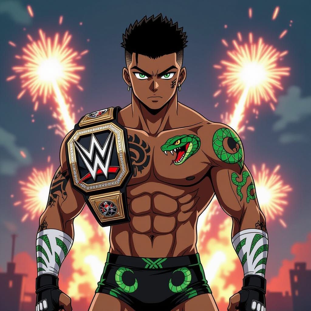 Anime Wrestler with Skeleton Tattoos and Championship Belt