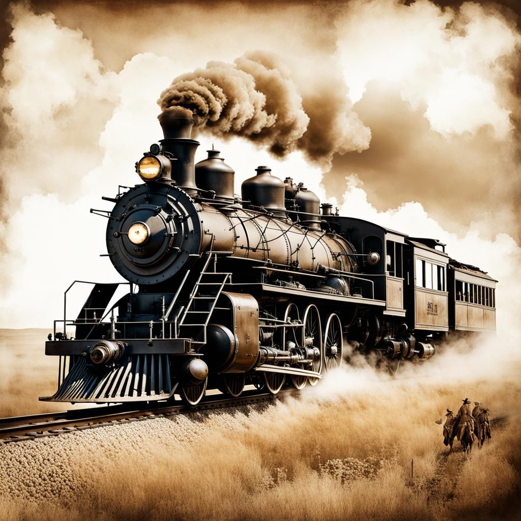 Wild West Train Double Exposure in Sepia Watercolour