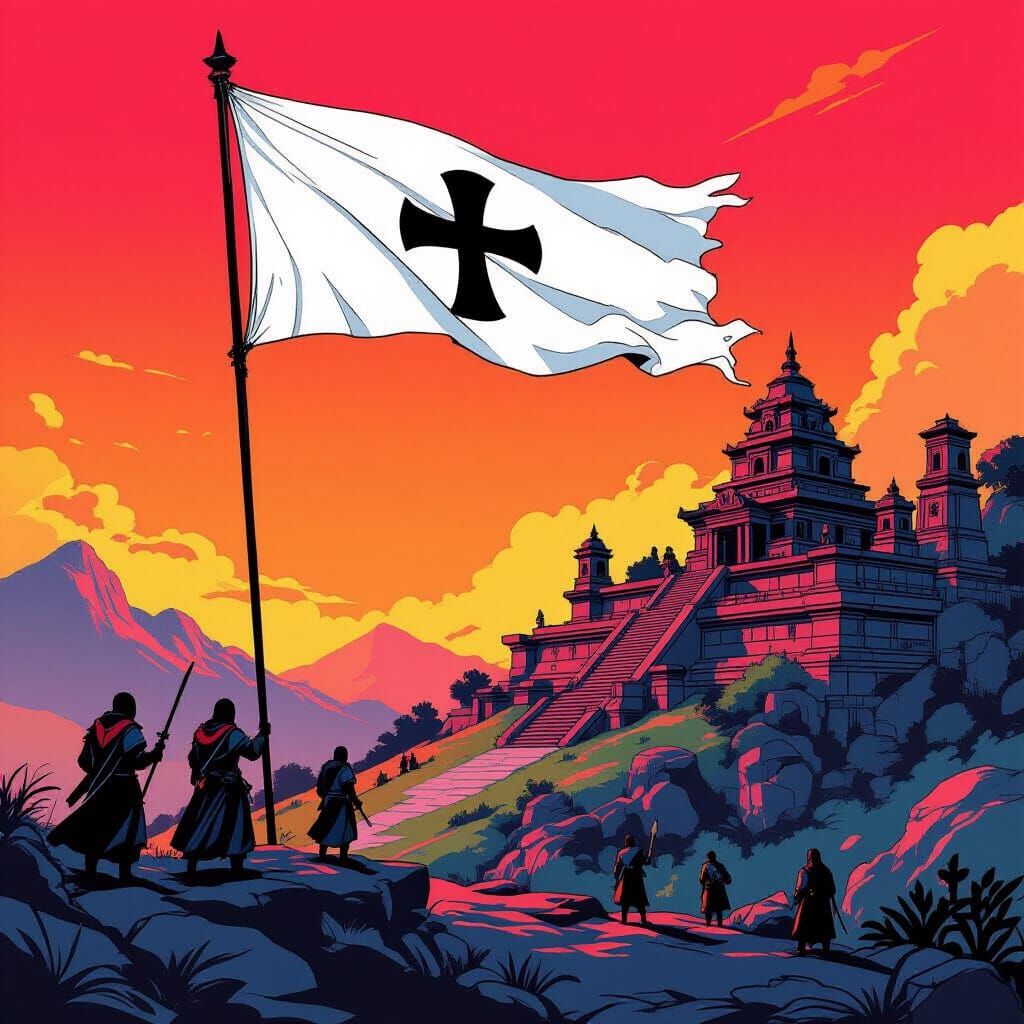 Gnostic War Banner Waving on Hill in Comic Style