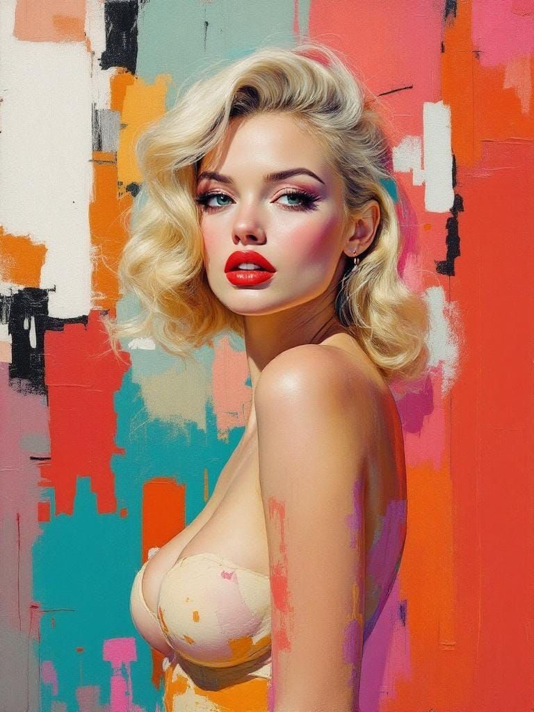 Blond Pin-Up with Bold Expression as Impasto Painting