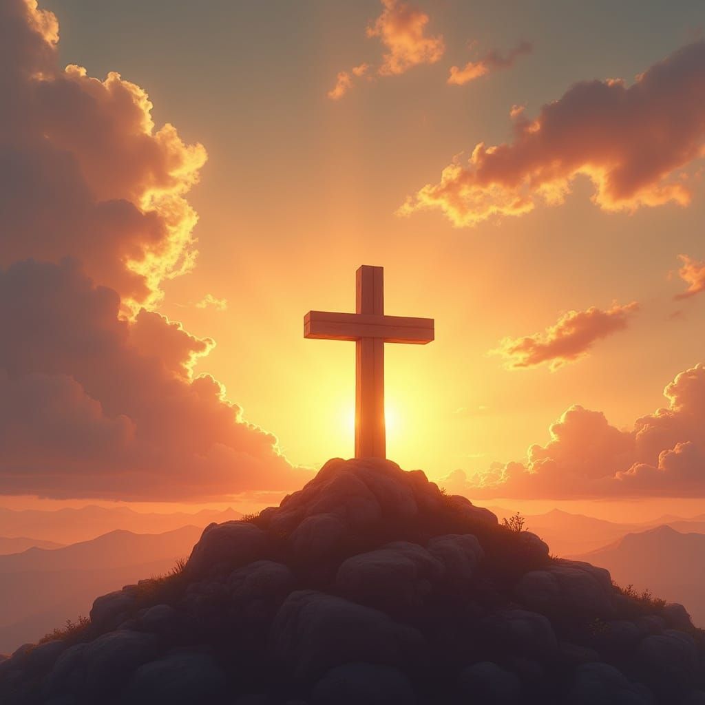 Ethereal Sunset Halo Illuminates Majestic Wooden Cross