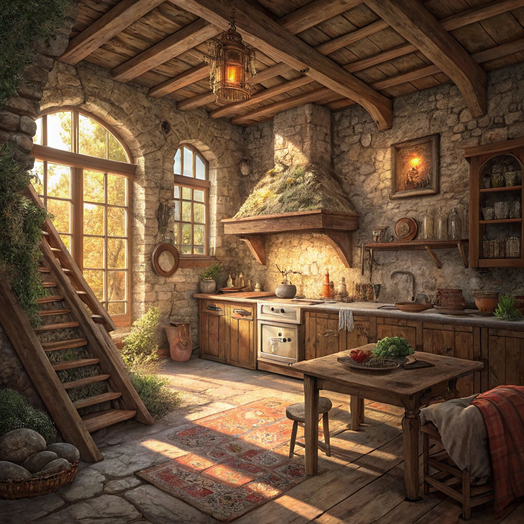Rustic Limestone Cottage Interior in Impressionist Style