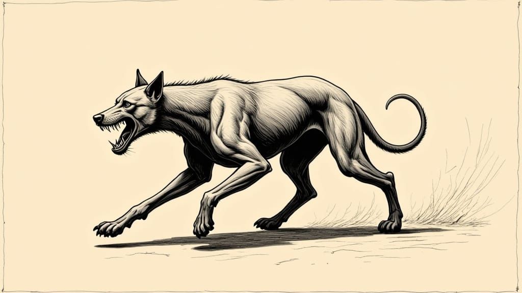 Vintage Woodblock Print of a Snarling Hound in Mid-Pounce