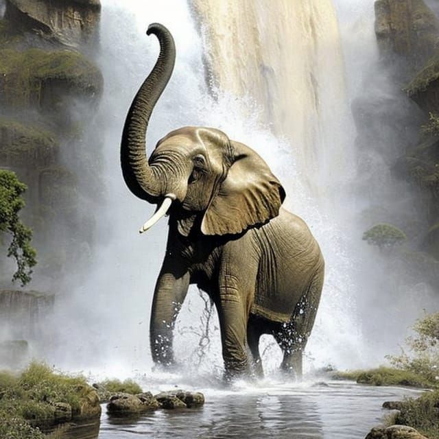 Majestic Elephant Bathing Under Waterfall