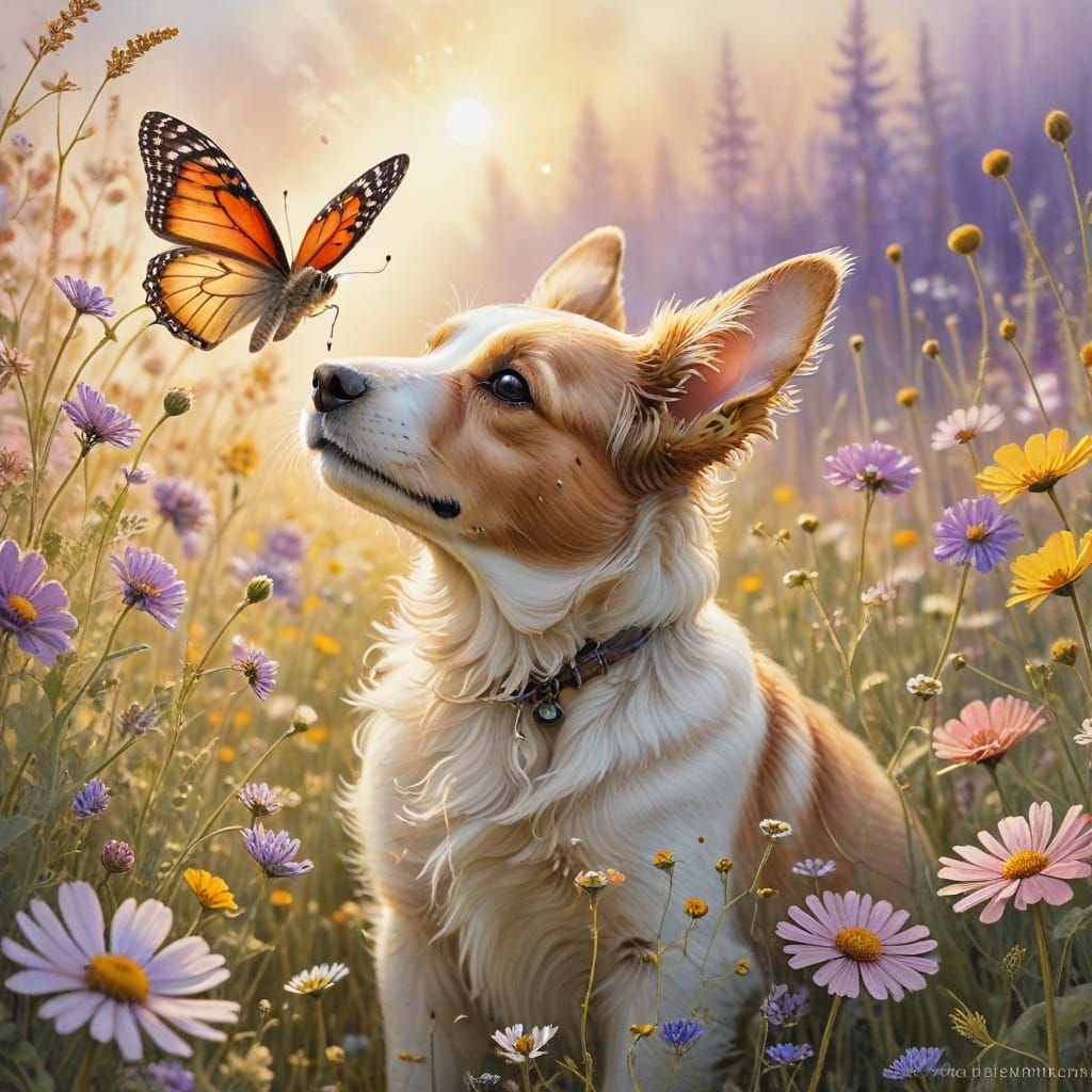 Monarch Butterfly and Puppy in Watercolor Flower Field