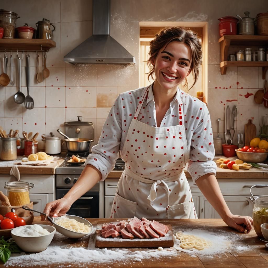 Italian Woman Prepares Pork in Kitchen, Hyper-Realistic Art