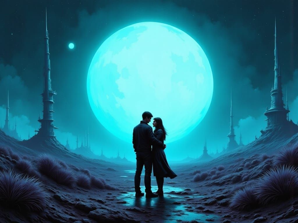 Survivors Embrace Under Alien Moon