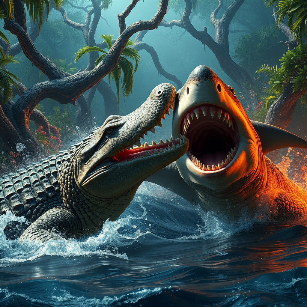 Alligator and Bull Shark Clash in Bayou