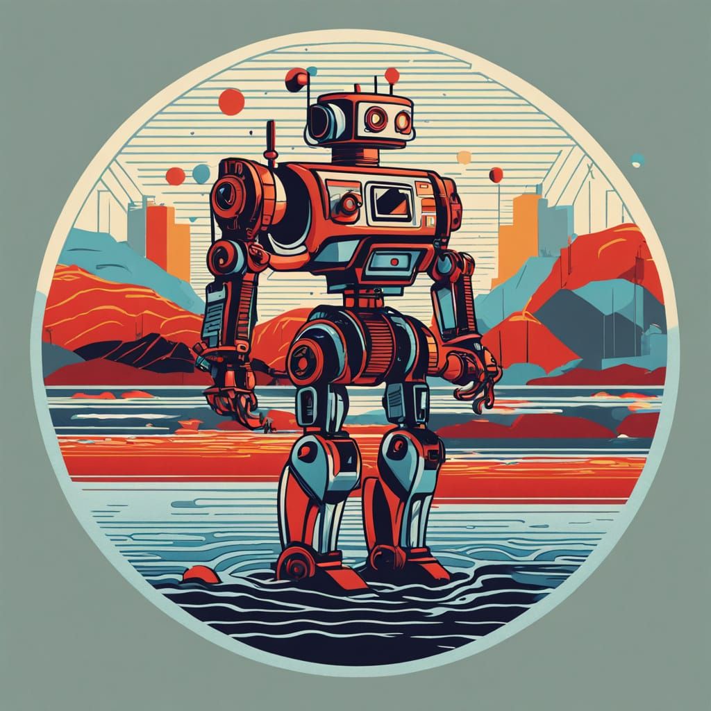 Robot on Red Horse Exiting River in Screen Print Style
