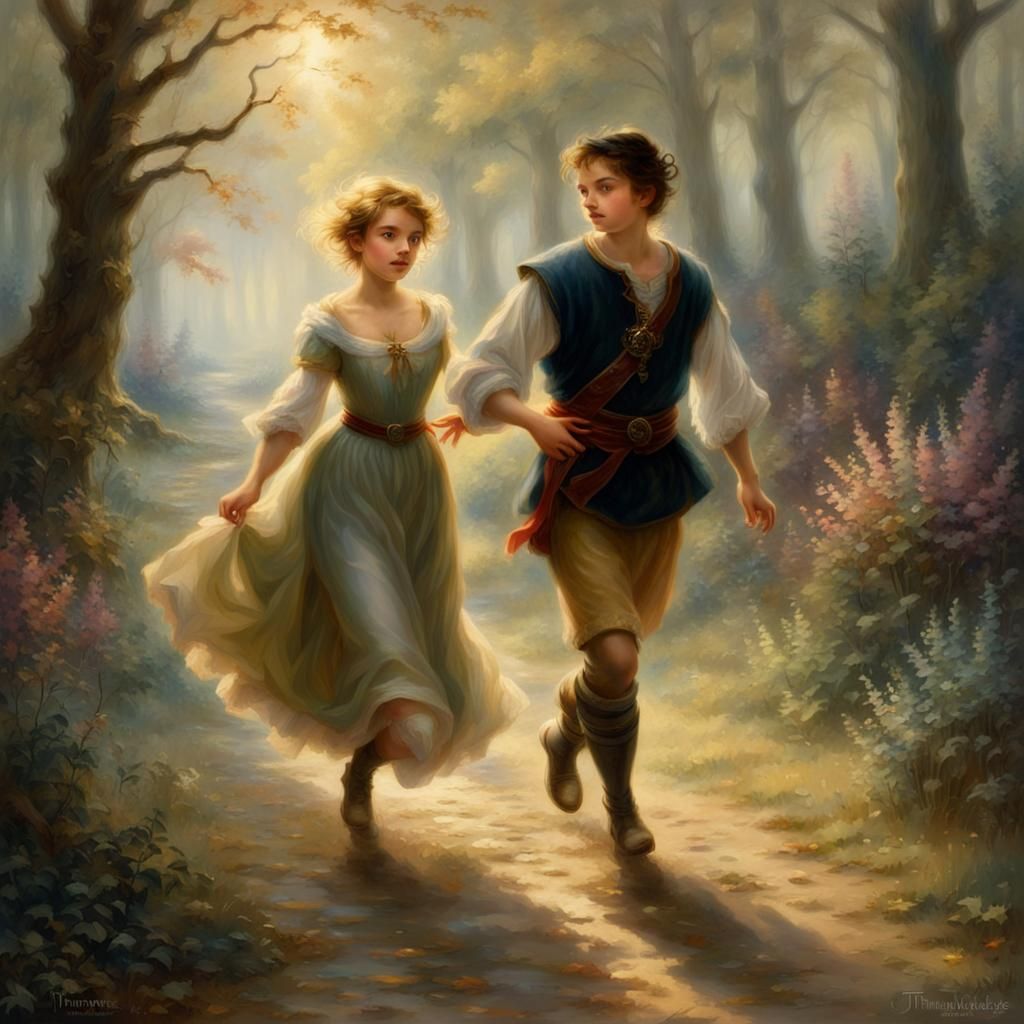 Medieval Girl and Prince Running in Misty Woods