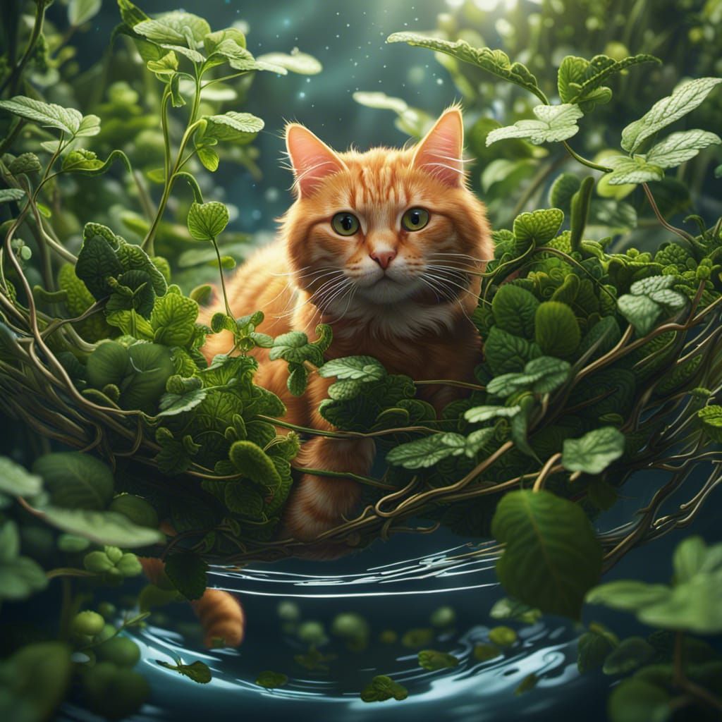 Ginger Cat in Catnip Bush: Fantasy Art