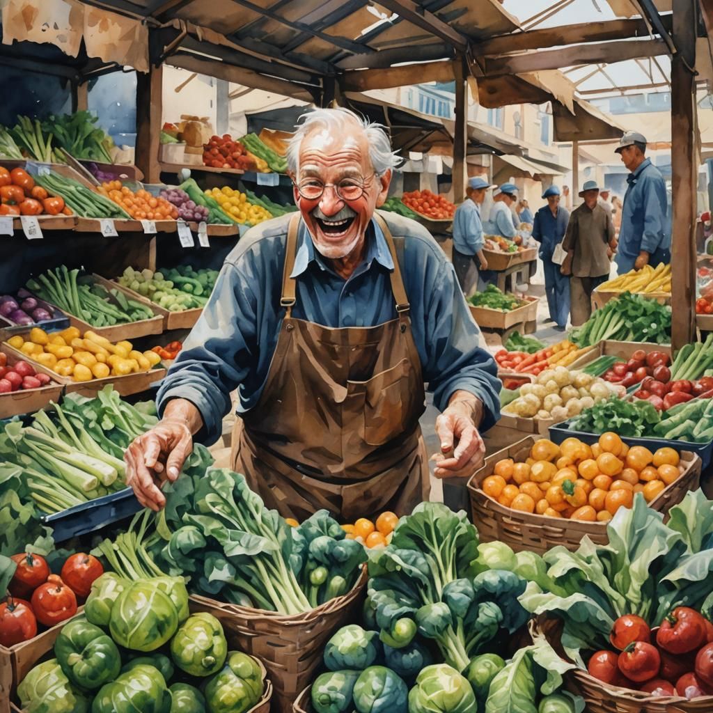 Laughing Man at Market in Watercolor Gouache Style