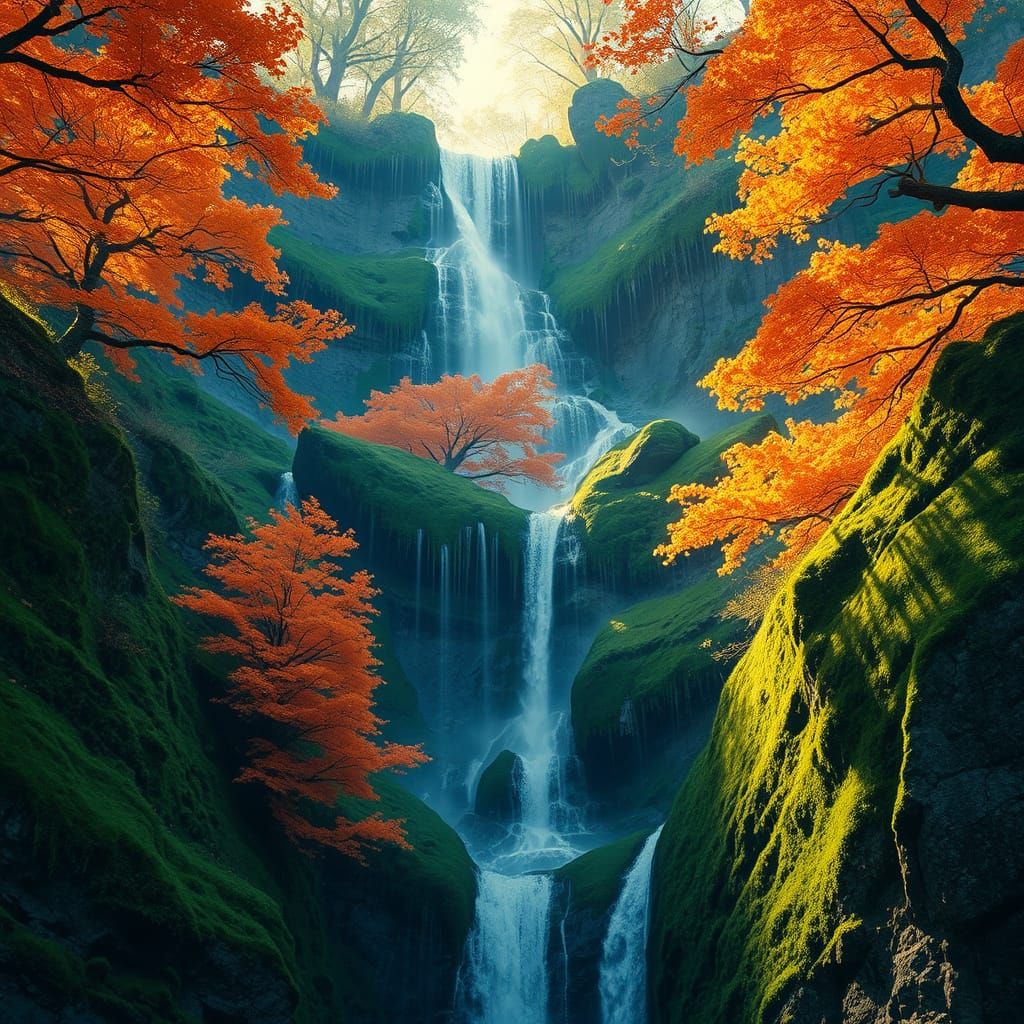Surreal Autumn Waterfall with Fiery Orange Leaves