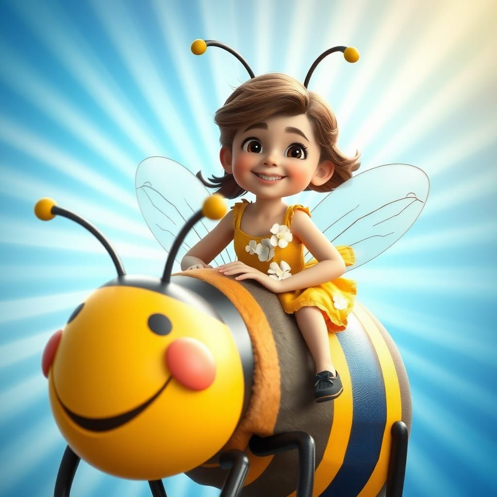 Girl Rides Giant Bee, 3D Digital Art