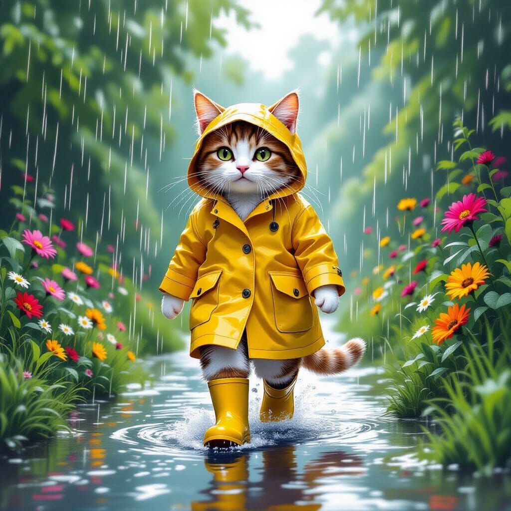 Cat in Yellow Raincoat Walking in Summer Rain
