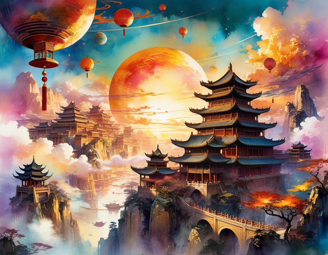 Floating Chinese City at Sunset: Digital Watercolor Art