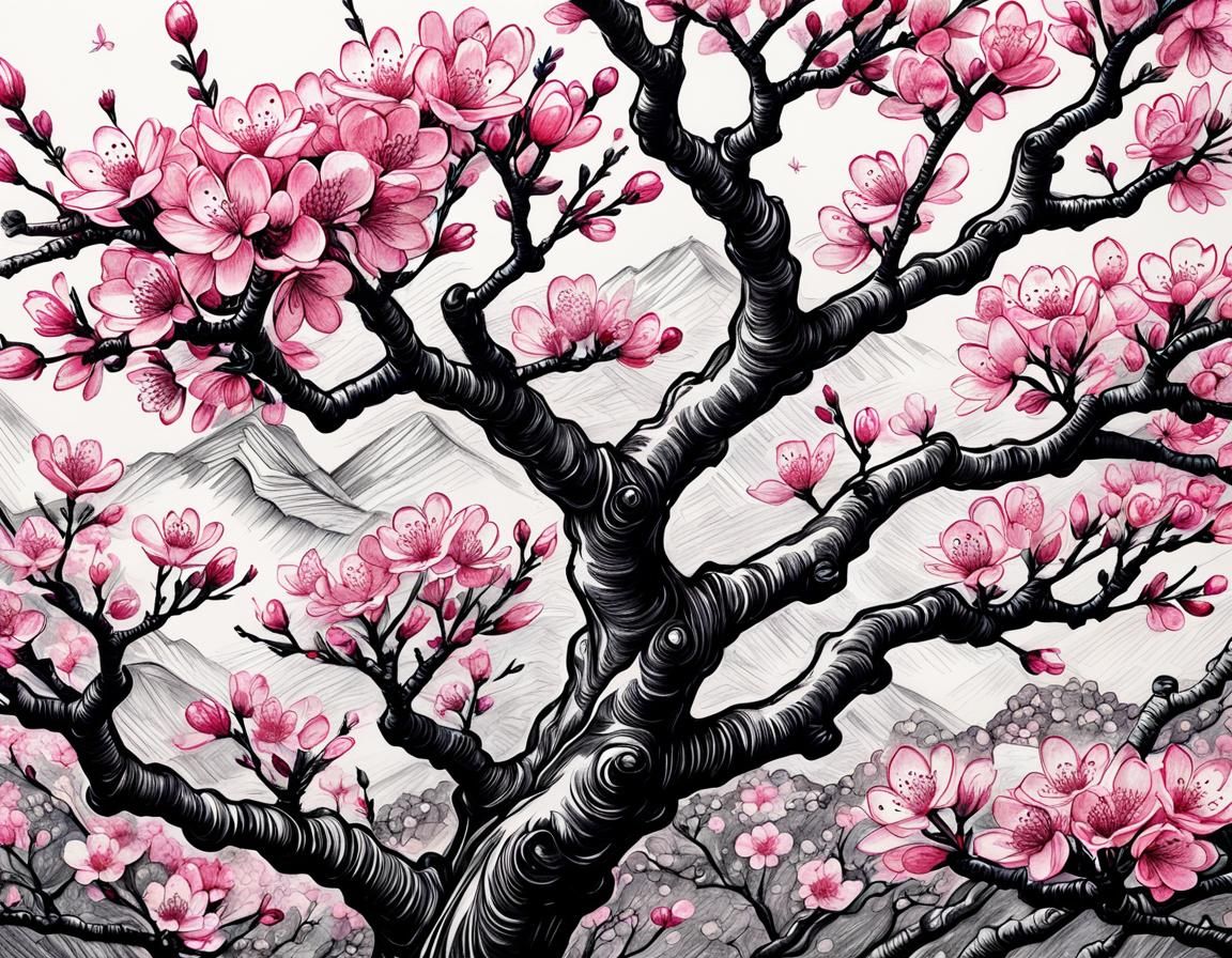 Pink Cherry Blossom in Doodle Style