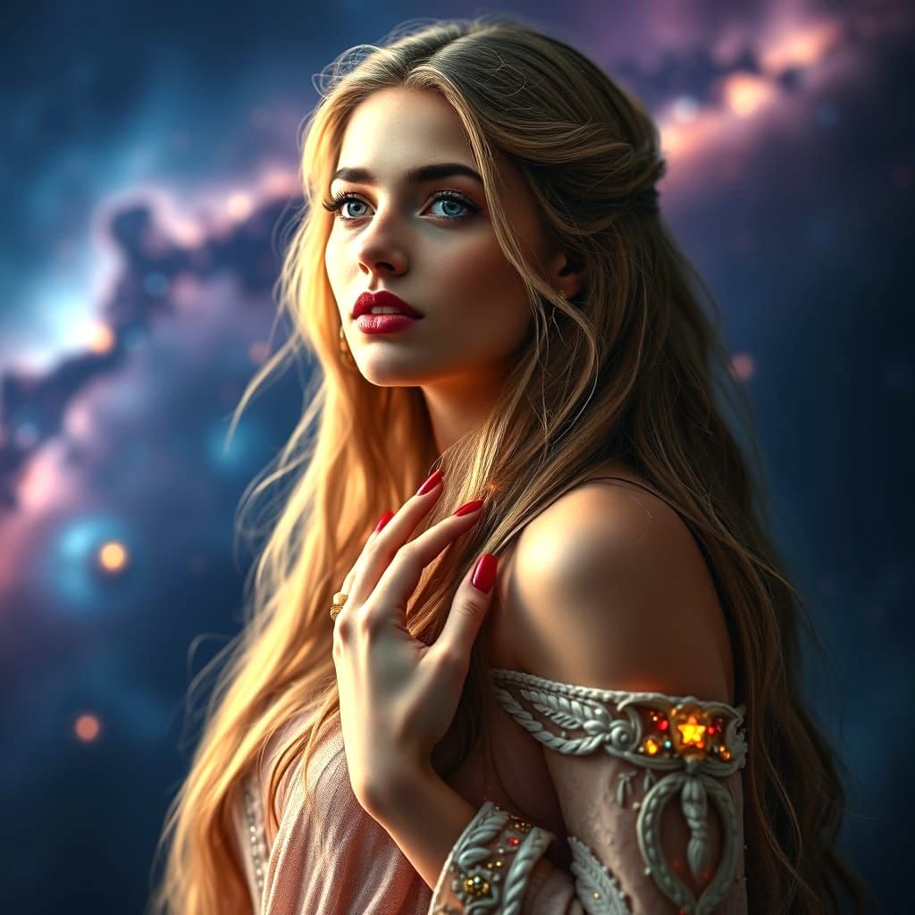 Cosmic Goddess with Stardust Hair, in Art Nouveau Style