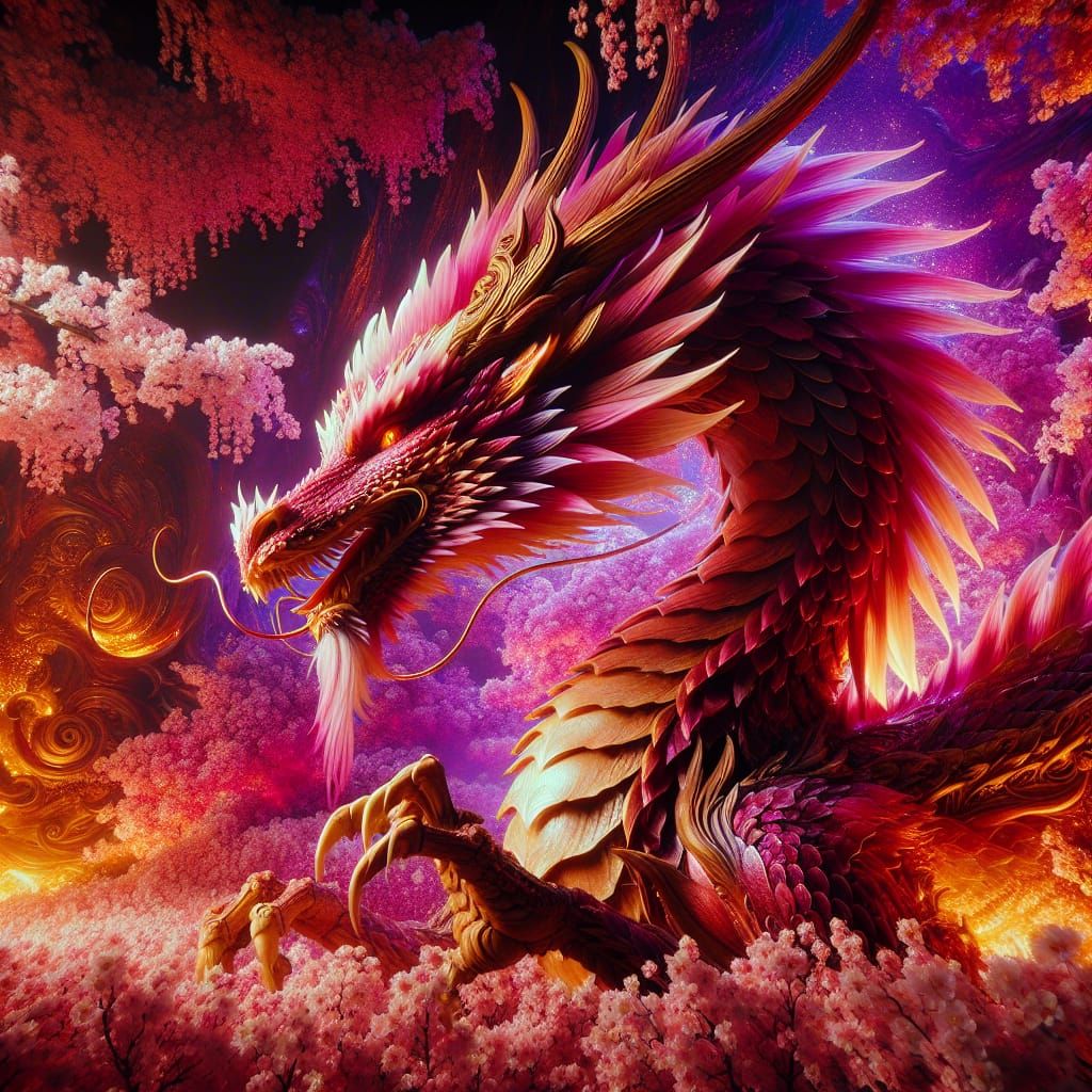 Pink Dragon in Cherry Blossoms: Digital Matte Painting