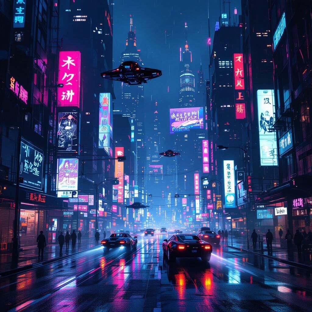 Cyberpunk Cityscape at Night with Neon Lights