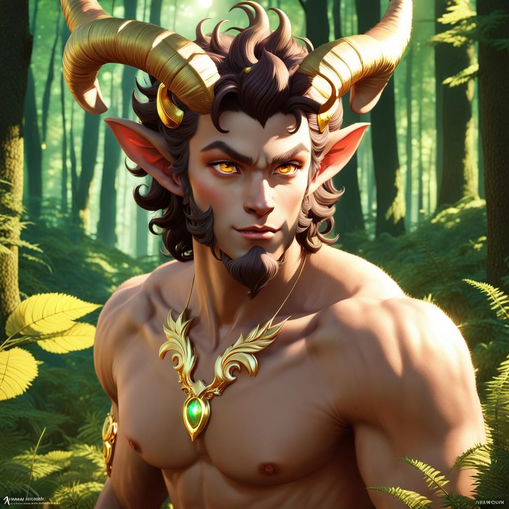 Handsome Satyr in Sunlit Forest Clearing