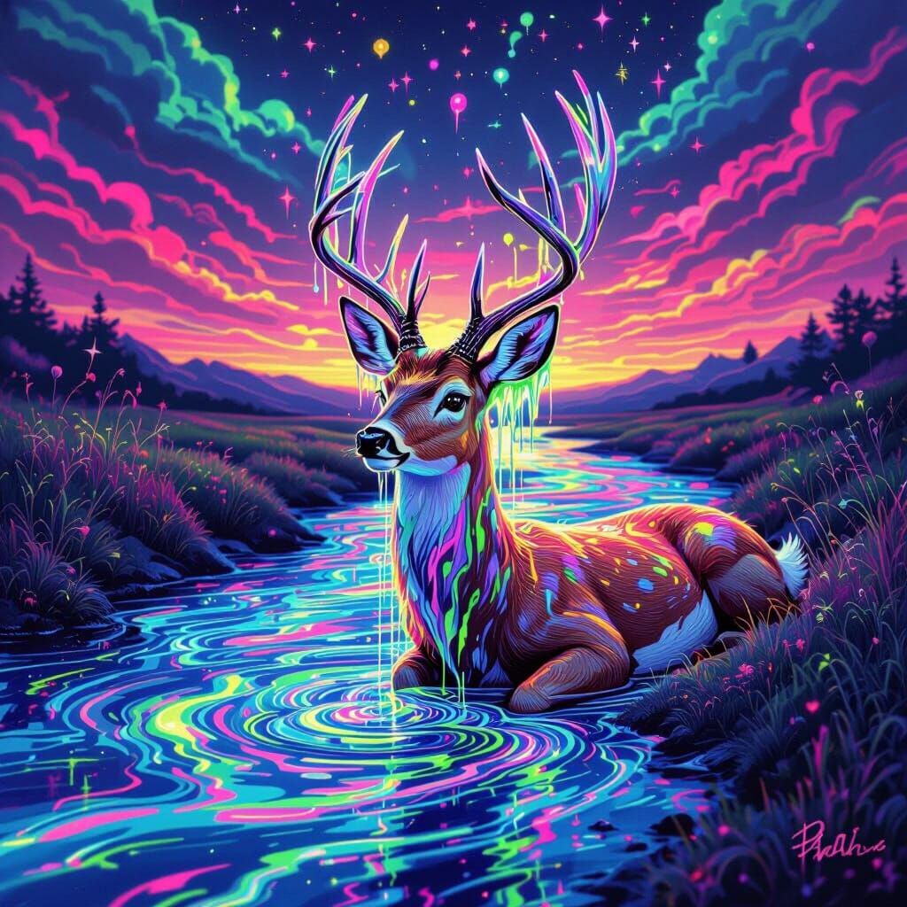 Surreal Neon Paint Pouring Over Deer Fur by River