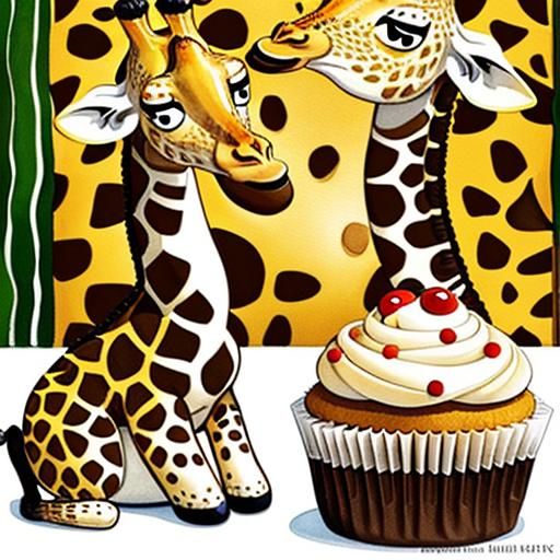 Giraffes Eating Cupcakes: Watercolor Art Nouveau Illustratio...