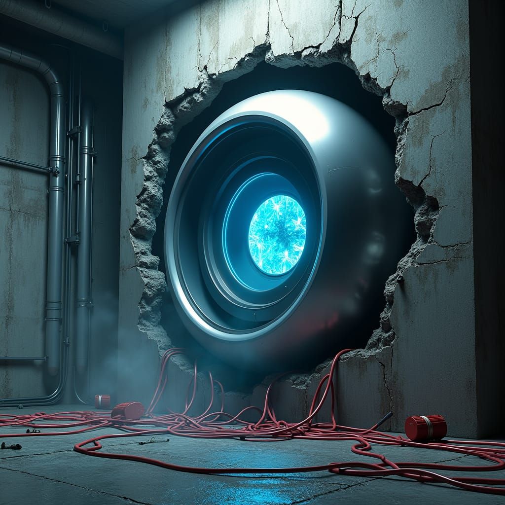 Metallic Eye Bursts Through Wall in Dystopian Sci-Fi Scene