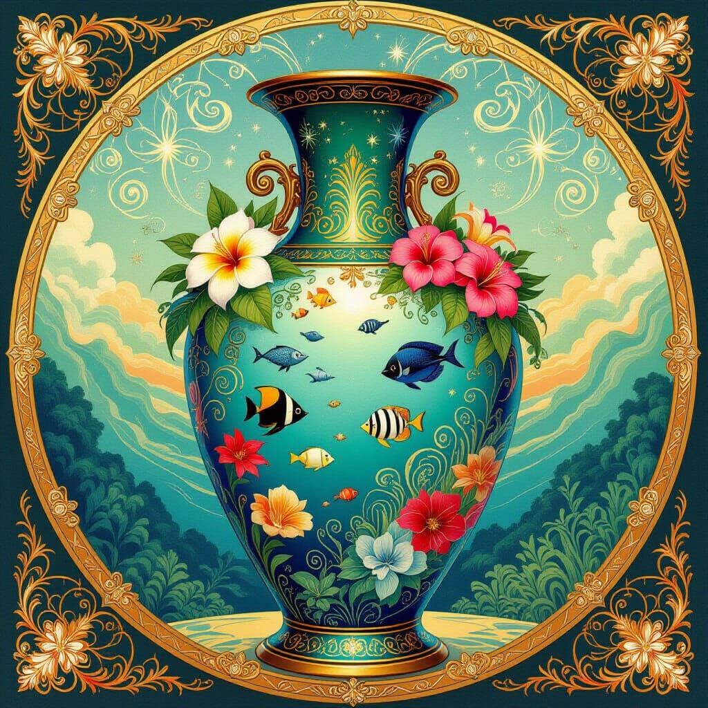 Hawaiian Seascape in Ornate Vase, Art Nouveau Style