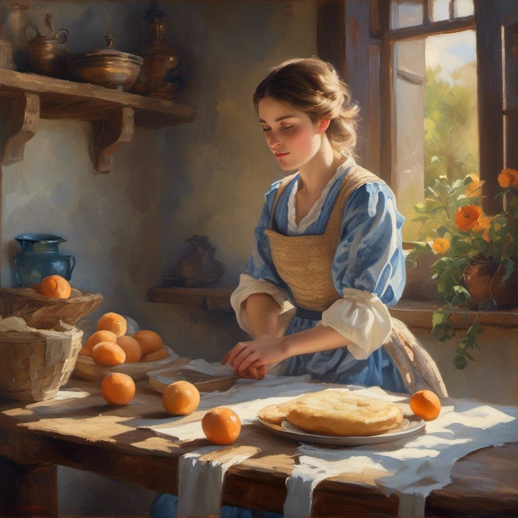Renaissance Peasant Baking in Sunlit Cottage