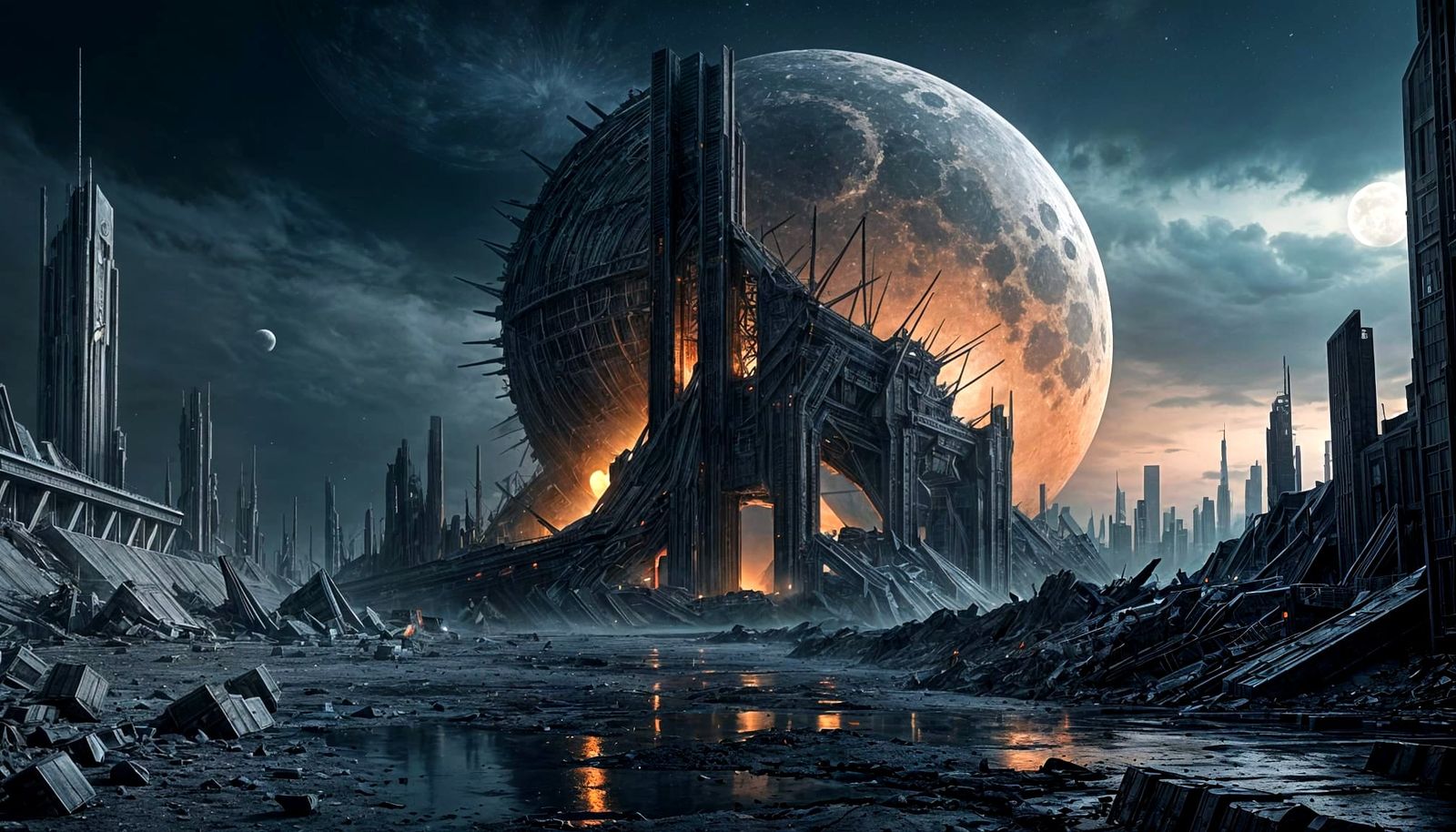 Cracked Moon Over Dystopian Cityscape