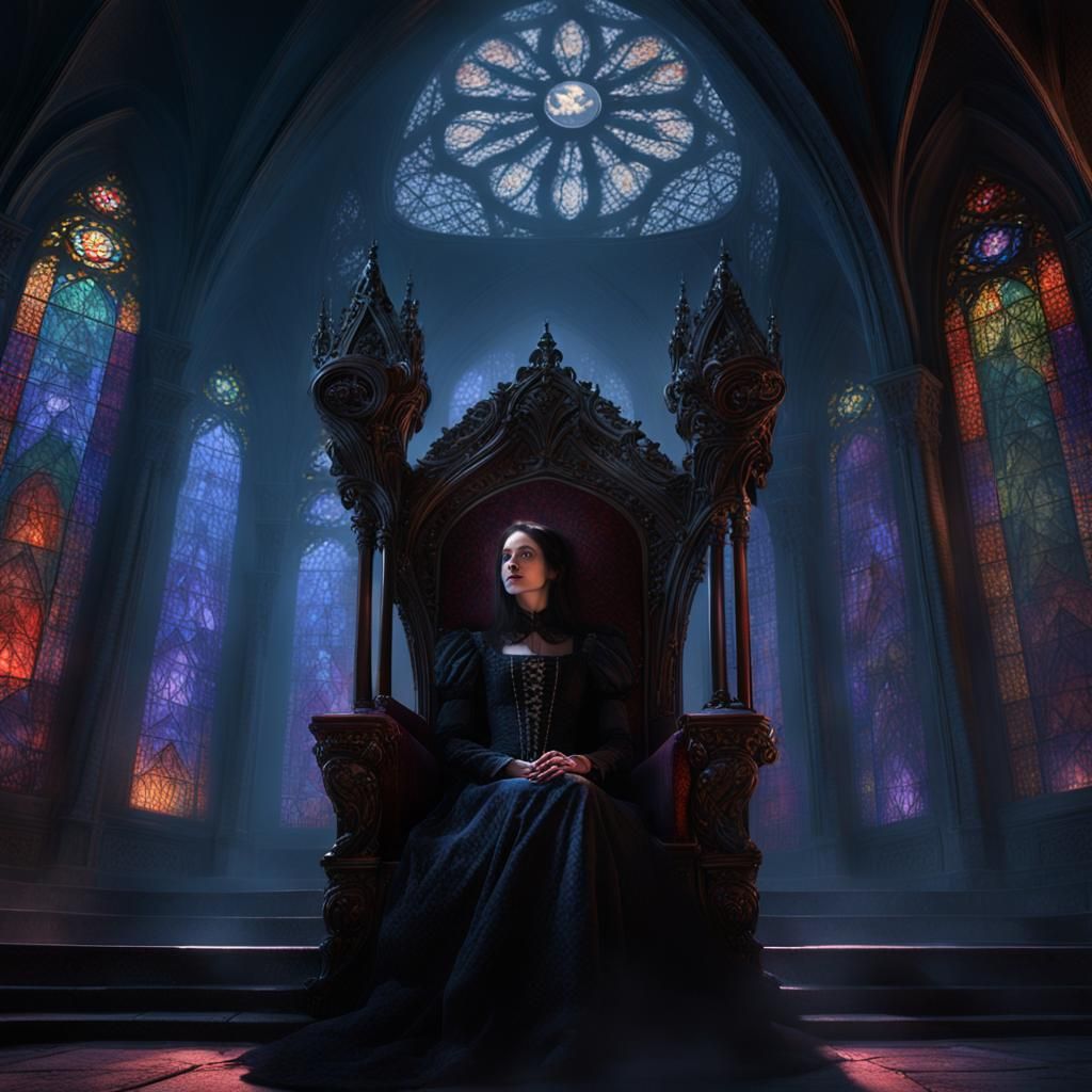 Brunette Vampire Queen on Gothic Throne