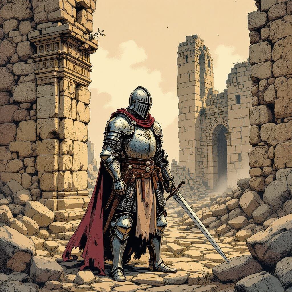 Ancient Ruin Rider in Detailed Historical Illustration Style