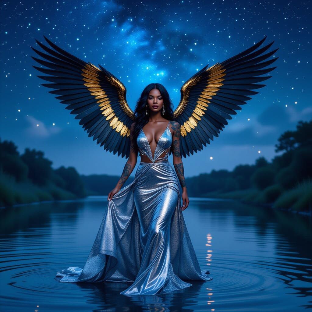Dark Women with Black & Gold Wings in Starry Sky