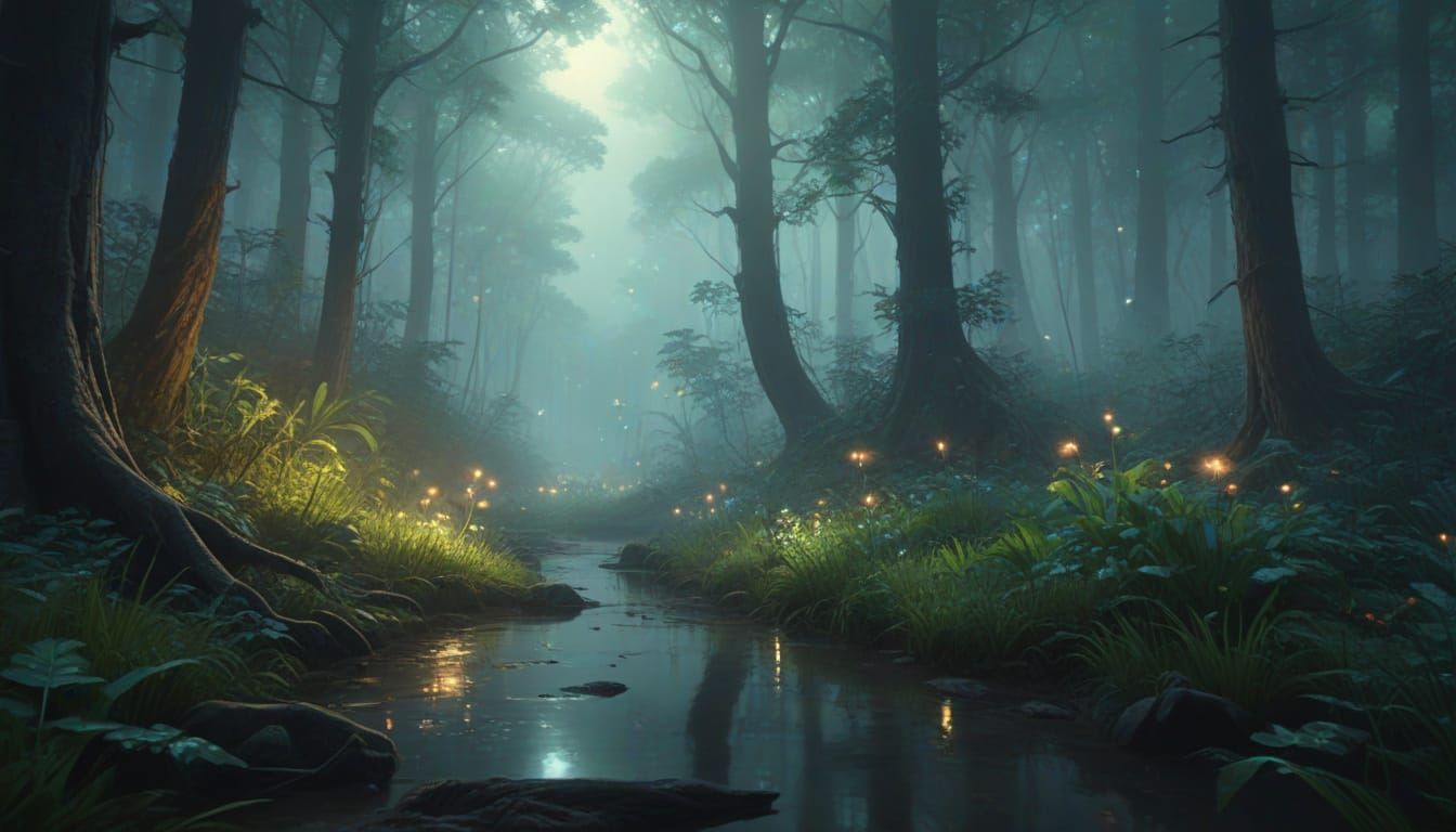 Vibrant Oil Painting of Ancient Forest Ecosystem