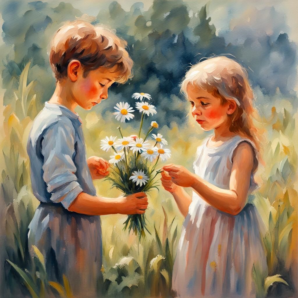 Boy Giving Daisy to Girl: Gouache Watercolor Painting