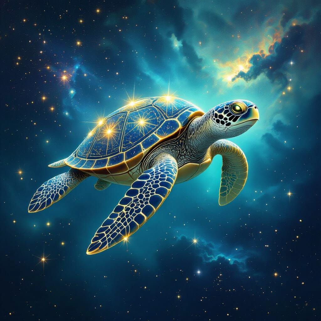 Celestial Sea Turtle Swimming Through Nebula