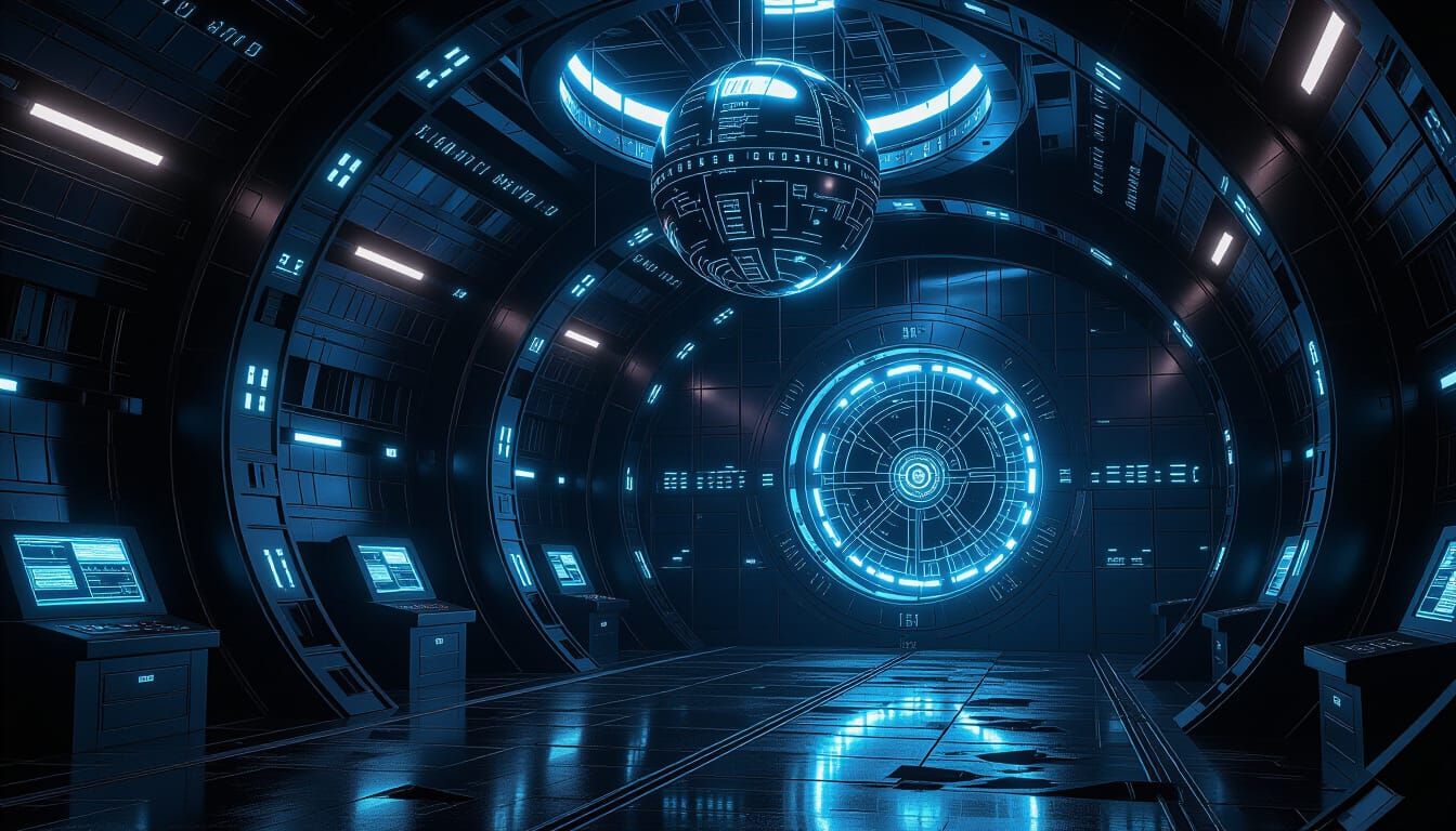 Cyberpunk Starship Vault with Glowing Runes
