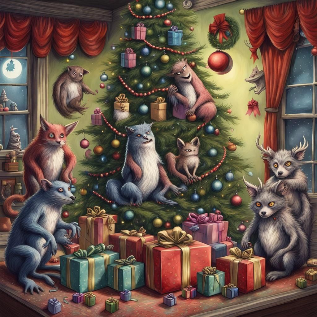 Animals Celebrate Christmas in Tim Burton Style