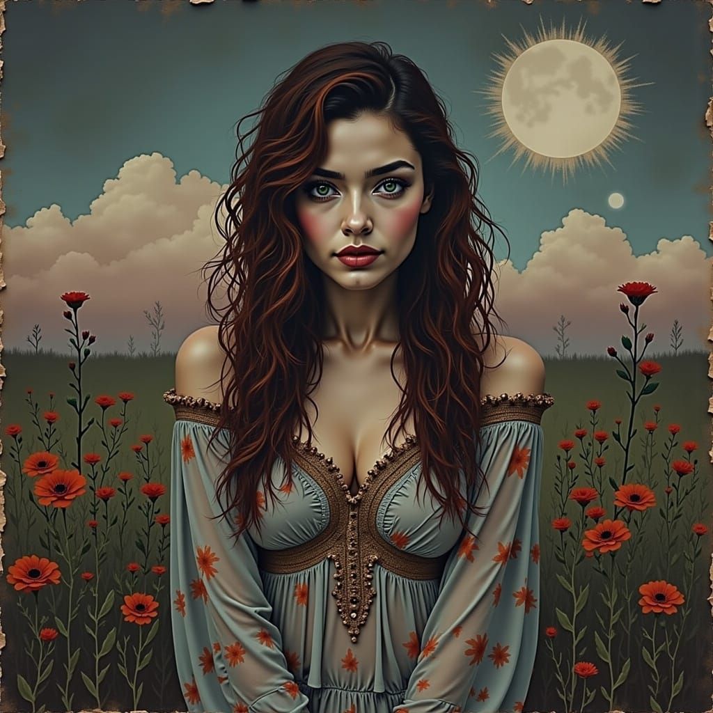 Martian Girl Portrait in Surreal Watercolor Collage