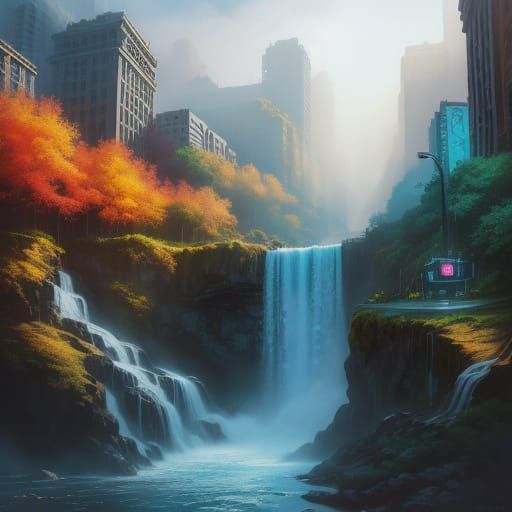 Futuristic City Waterfalls in Hyperrealistic Digital Art