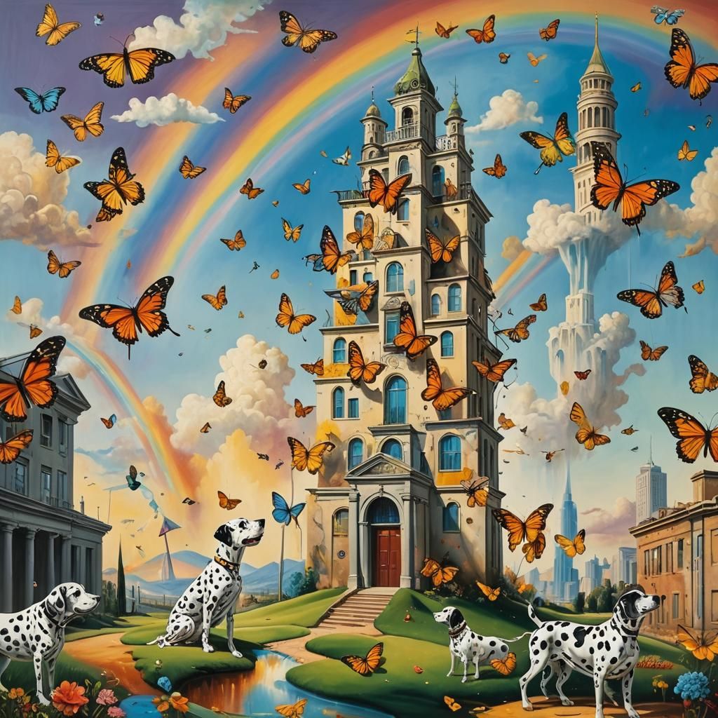 Surreal Butterfly Building with Rainbow and Dalmatian