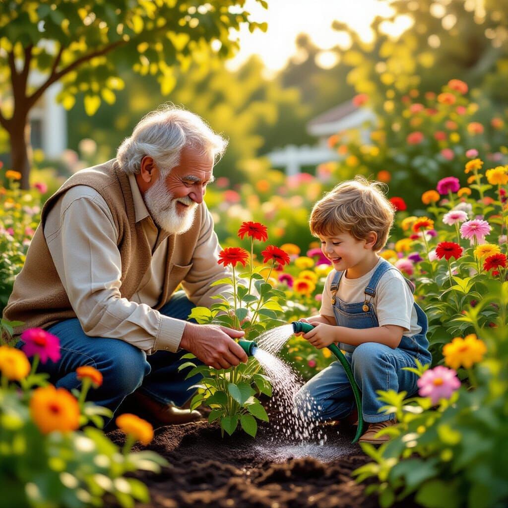 Grandpa is attending and caring his healthy plant in his flo...