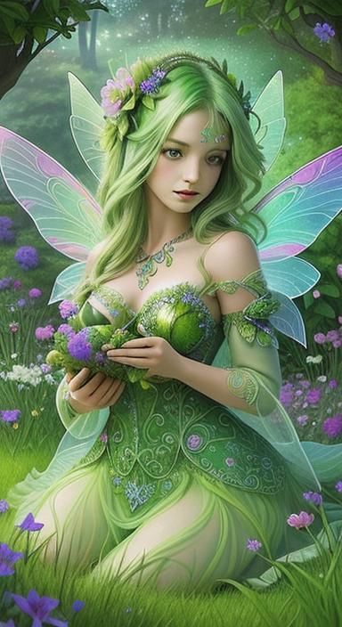 Secret flower garden green grass. Iridescent fairy goddess